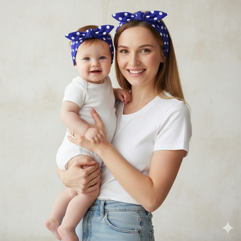 Mommy And Me Blue Polka Dot Knot Headbands Mother Daughter Matching 2-Piece Set